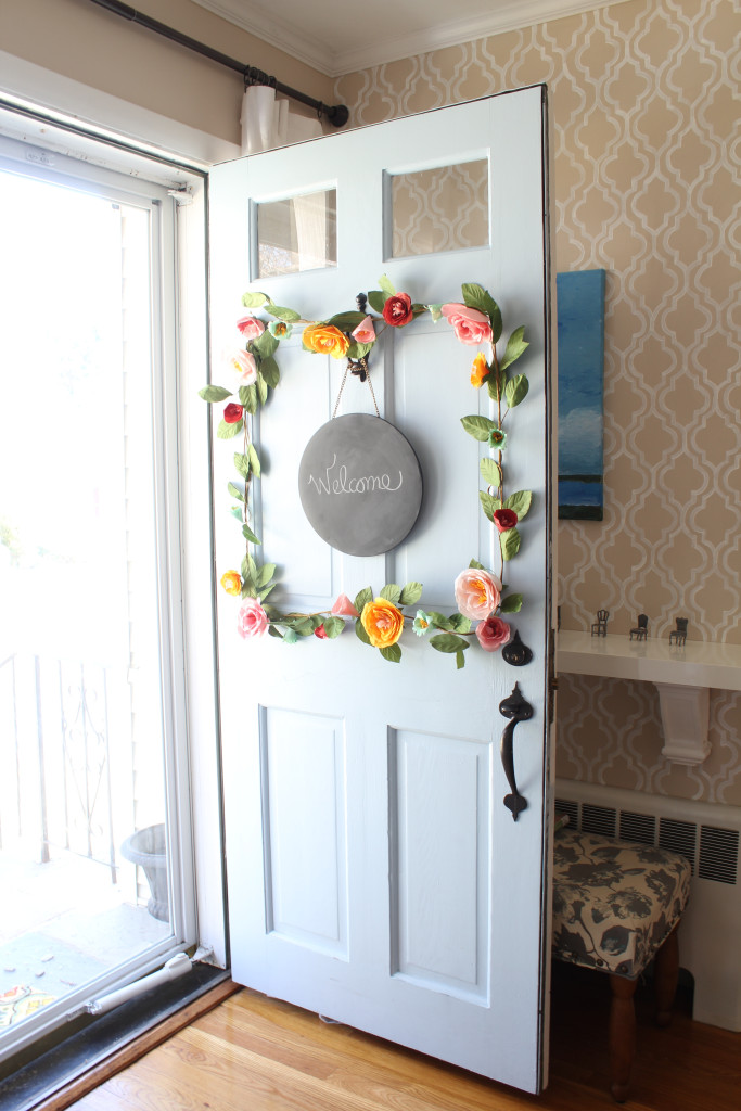 flower garland on door