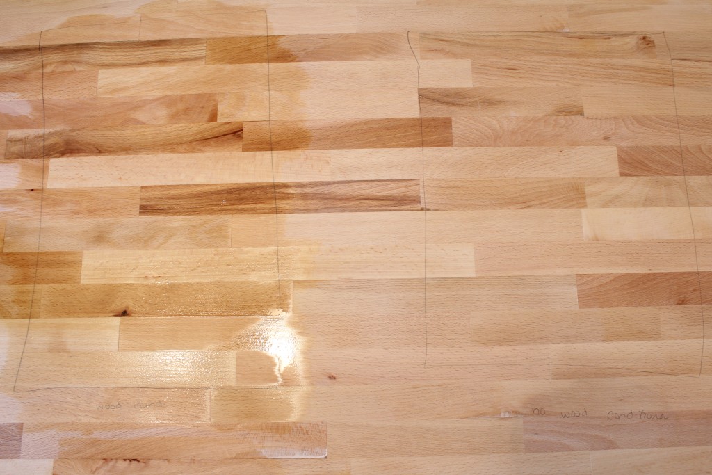 DIY dining table; stained butcher block with a metal base