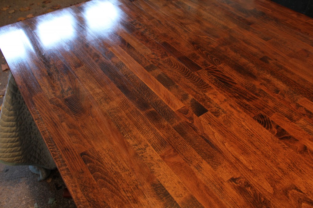 DIY dining table; stained butcher block with a metal base