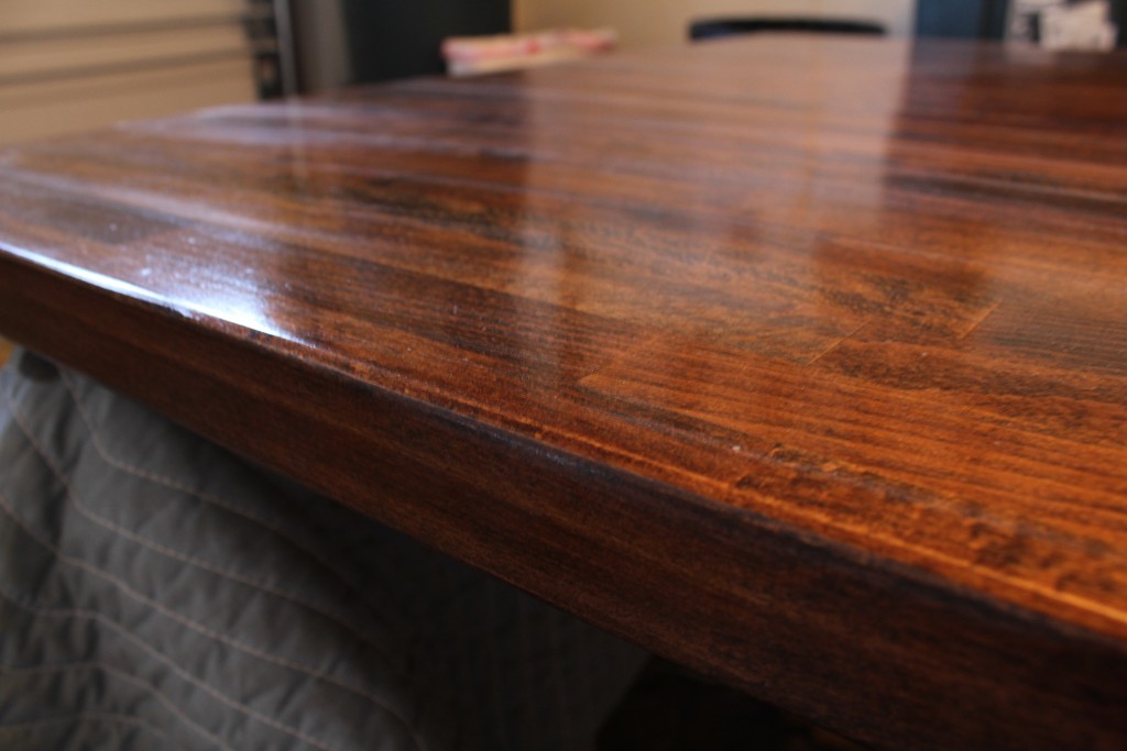 DIY dining table; stained butcher block with a metal base