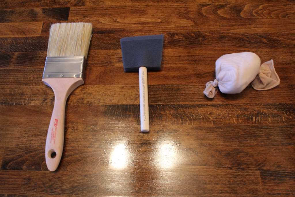 DIY dining table; stained butcher block with a metal base