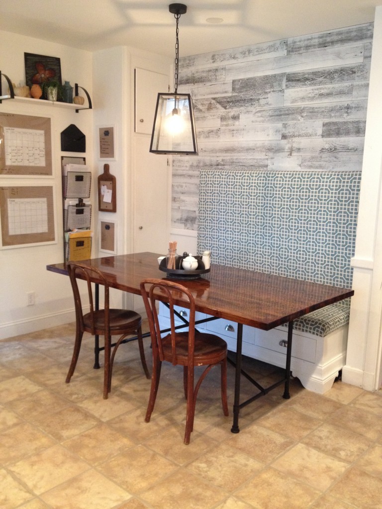 DIY dining table; stained butcher block with a metal base