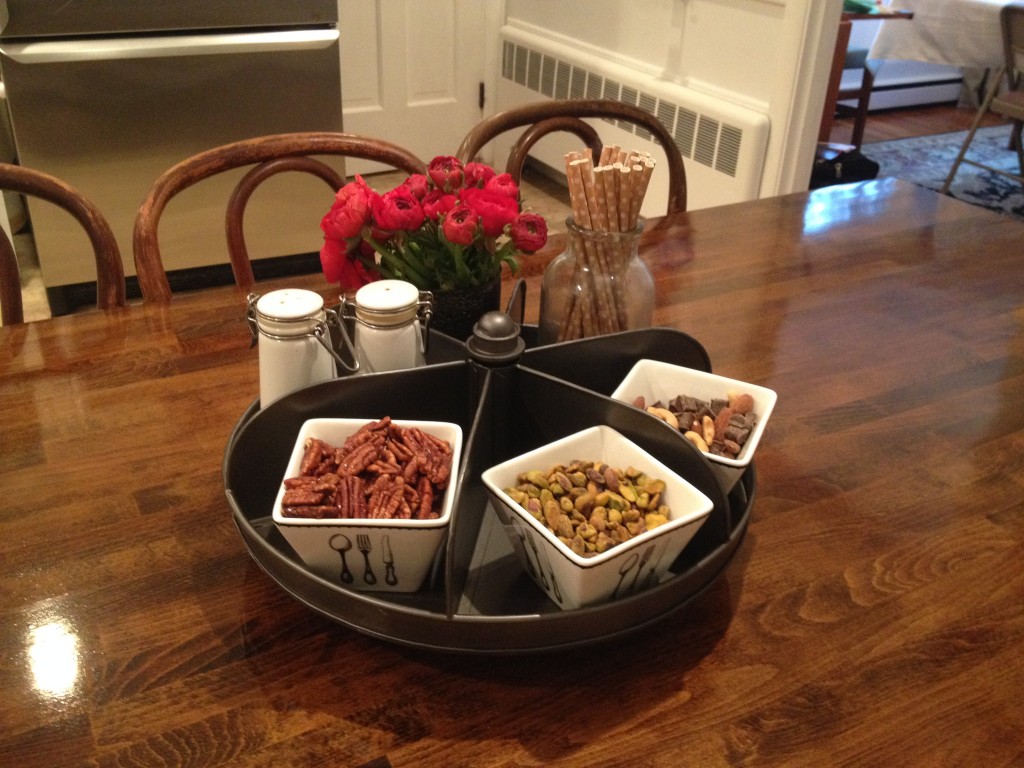 DIY dining table; stained butcher block with a metal base